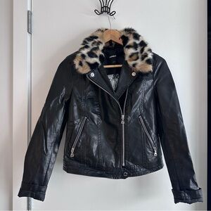 EXPRESS black Vegan Leather jacket size L with detachable neck collar